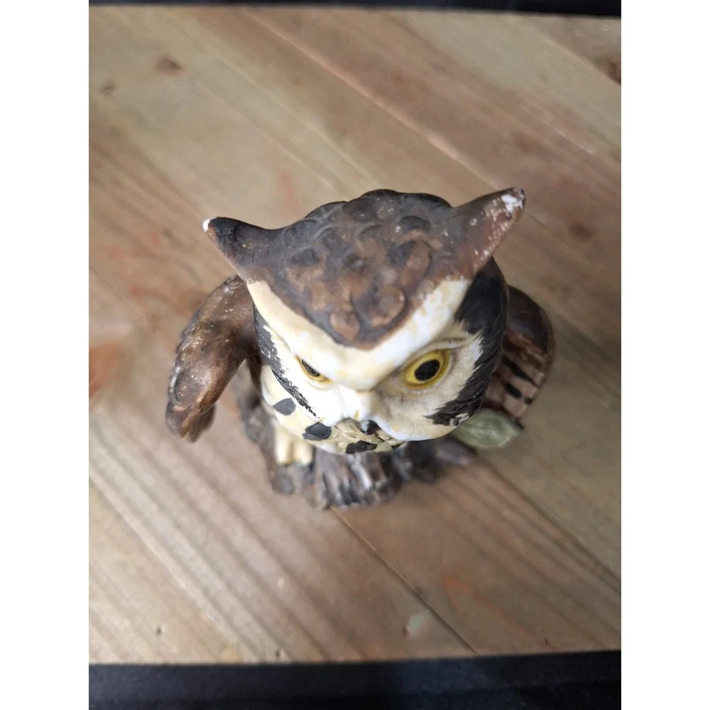 Vintage Ceramic Owl Figurine Hand Painted Great Horned Owl Bird Decor 4.5 Inch